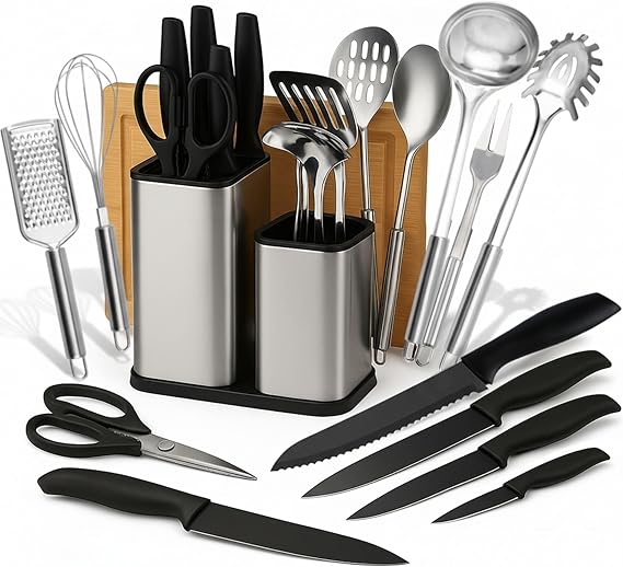 17-Piece Stainless steel kitchen utensils set with holder. Includes Kitchen Knife Set with block, cooking utensils set stainless steel and wood chopping board. Stainless steel cooking utensils set