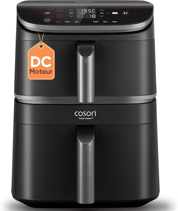 COSORI Air Fryer Turbo Tower 10.8L Oil Free Deep Fryer with 2 Drawers 3 Cooking Levels 6-in-1 Compact and Stackable Design 41% Less Large Than Traditional Double Airfryers 20+ Recipes