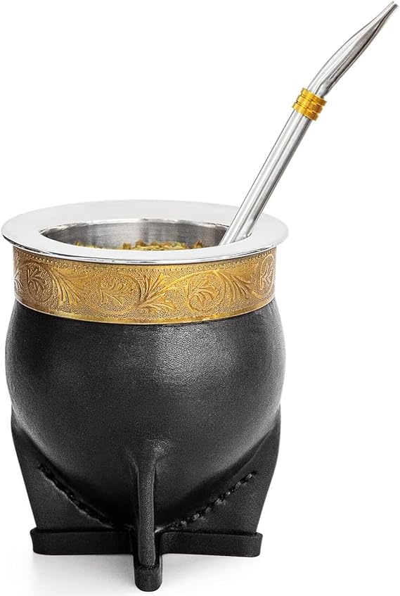 Cuopru Premium Argentina Imperial Yerba Mate Cup with Bombilla Mate (Straw) Set, Baroque Style, Leather Gourd, 304 Stainless Steel Inner (Black)