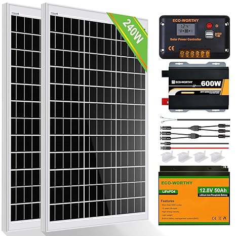 ECO-WORTHY 240W Off Grid Solar Panel Kit 12V 1kWh/Day for Motorhome Boats: 2pcs 120W Solar Panels+50Ah LiFPO4 Battery+30A Charge Controller+600W Inverter