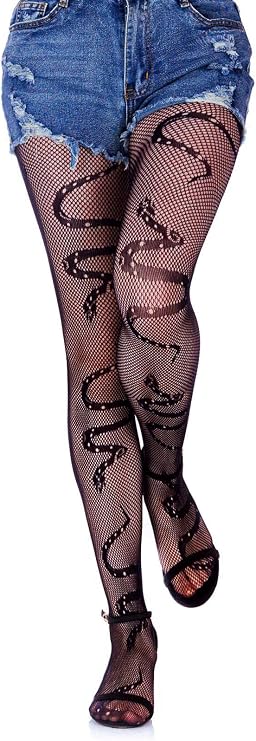 Olbye Black Fishnet Stockings Skull Thigh High Waist Stocking Snake Lace Leggings Halloween Goth Tights for Women