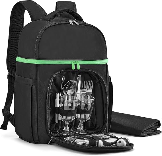 Vogano Picnic Backpack & Accessories Insulated Picnic Set for 2 Person with Dual Compartments, Lightweight Blanket, Cutlery Set, for Newlyweds and Couples Gifts Black
