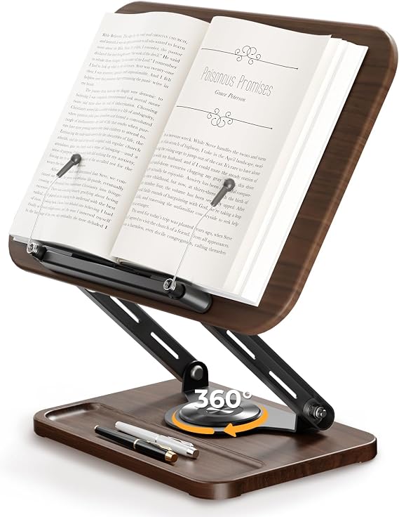 SupeDesk Book Stand for Reading Book Holder with 360° Rotating Wooden Base & Pen Slot Adjustable Wooden Book Holder Reading Stand with Elastic Ball Side Clip for Magazine Tablet Laptop