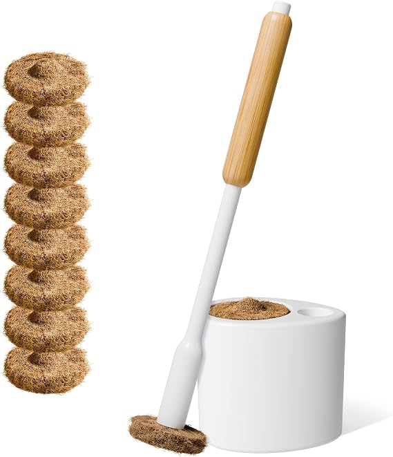 TUSHY Toilet Brush 2.0 Set with Holder, 8 Coconut Husk Scrubbing Pads