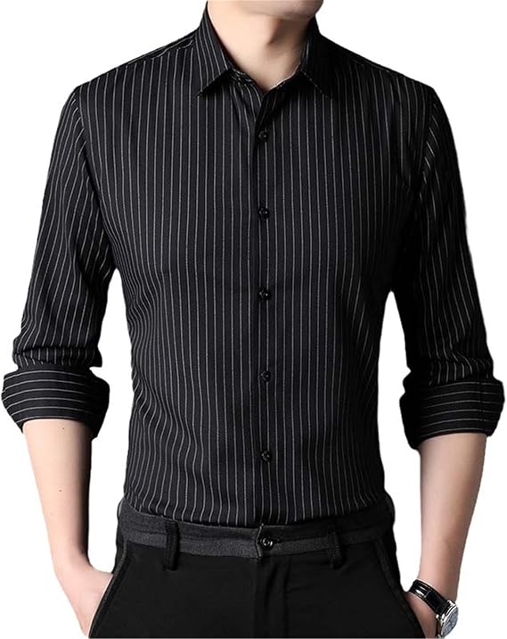 USTZFTBCL Designer Slim Fit Vertical Stripes with Cufflinks Mens Shirts Casual Long Sleeve Men Clothing