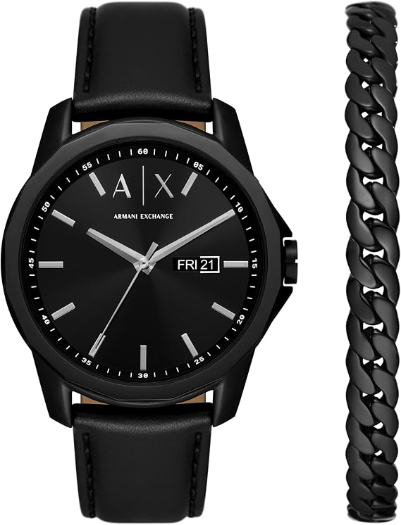 Armani Exchange メンズ ハンプトン ステンレススチール アナログウォッチ ブレスレット付き, ブラック_レザー。, ストラップ