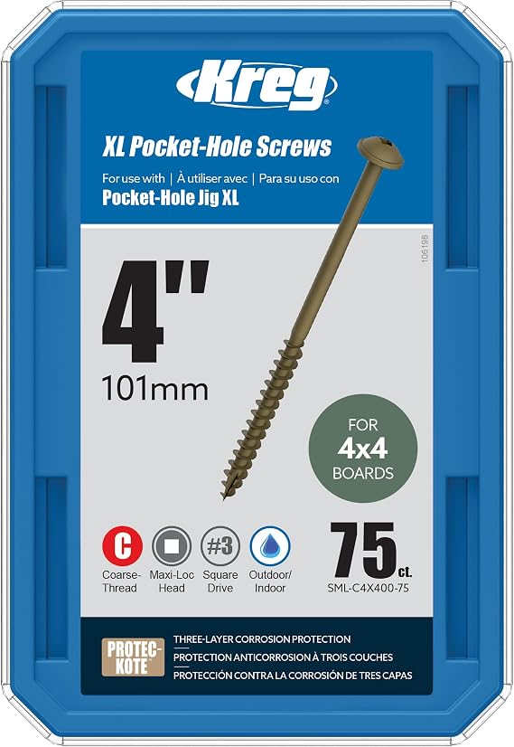 Kreg Protec-Kote Pocket Screws - SML-C4X400-75 - Weather Resistant Pocket Screws - 4-Inch - Coarse Thread - Maxi-Loc Head - Outdoor - 75 Count | SML-C4X400-75, Weather Resistant Pocket Screws, 4-Inch, Coarse Thread, Maxi-Loc Head, Outdoor
