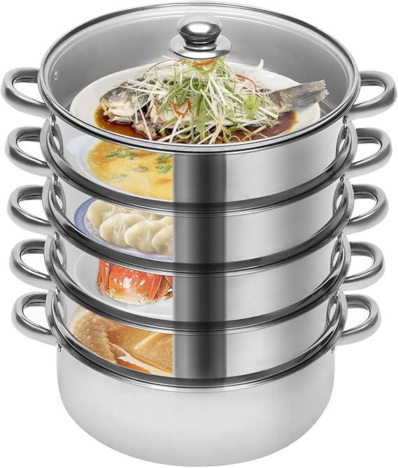 5-Tier Stainless Steel Steamer, Binaural Soup Multifunctional Kitchen Steam Pots with Handle, Meat and Vegetable Cooking Steamer for Vegetable Dumplings Meat Pasta (10.23"-Silver)