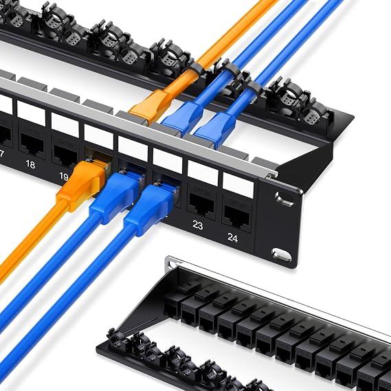 24 Port Patch Panel Cat6A RJ45 Passthrough Unshielded Keystone Patch Panel with Smart Cable Management for 19inch Rackmount