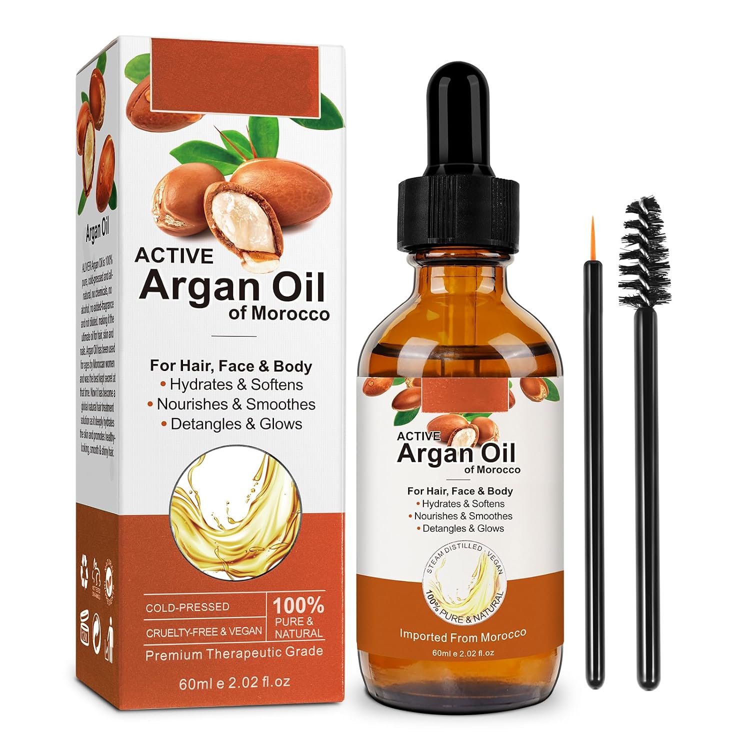 Argan Oil of Morocco,Organic Cold Pressed Carrier Oil for Men Women,Argan Oil Hair Serum for Split End,Frizz Control,Dry Damaged Hair Repair, Safe For All Hair Types,2.02 Fl Oz