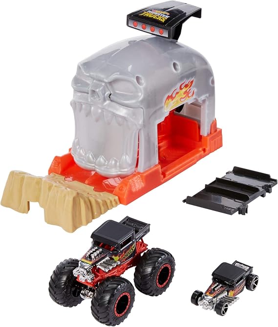 Hot Wheels Monster Truck Pit & Launch Play Sets with a Monster Truck and a 1:64 car, Team Bone Shaker, Multicolor