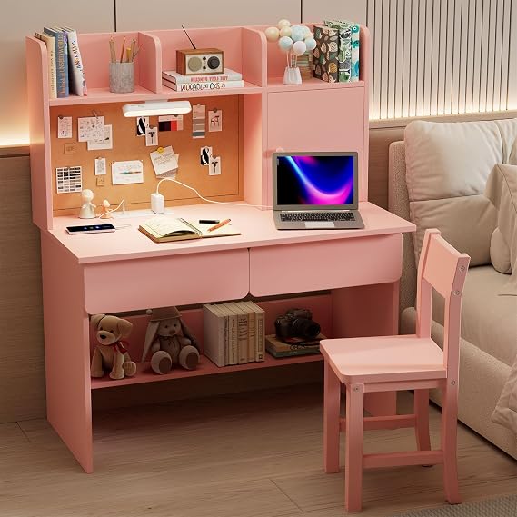 Pink Wooden Kids Study Desk and Chair Set, Childrens Desk with Light and Charging Station, 2 Drawers,Storage Cabinets and 3 Storage Open Shelves, Boys & Girls Study Desk for Bedroom and Kidsroom