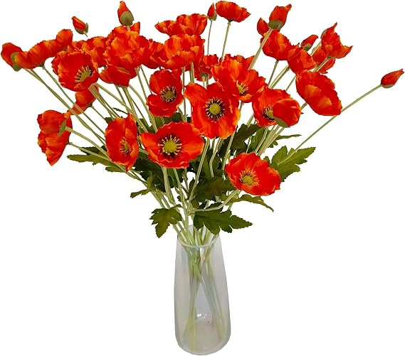 ATFL Poppy Flowers Artificial red Orange 12 Pcs Silk Poppies for Home Decor