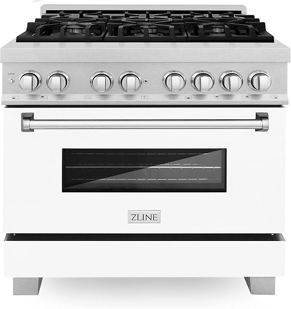 ZLINE 36 in. 4.6 cu. ft. Legacy Dual Fuel Range with 6 Burner Gas Cooktop and Electric Convection Oven in Satin Stainless Steel and White Matte Door (RAS-WM-36)