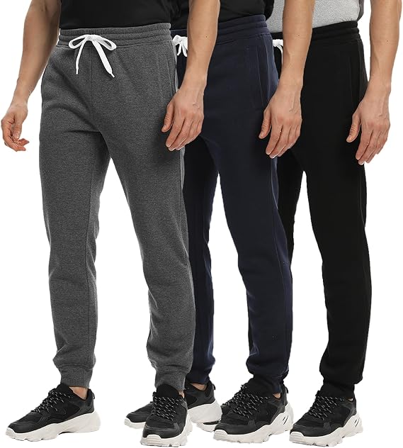 Mens Joggers Sweatpants,3 Pack Fleece Sweat Pants with Pockets/Zipper Pockets Athletic Workout Gym Joggers for Men