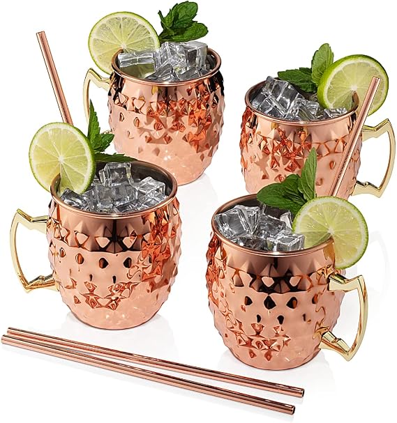 Copper Mugs Moscow Mule Set Of 4 - 18oz Moscow Mule Mugs - Stainless Steel Lining Pure Copper Plated Moscow Mule Cups - Diamond Hammered Design - Moscow Mule Cups Set Of 4 With Straws And Straw Brush