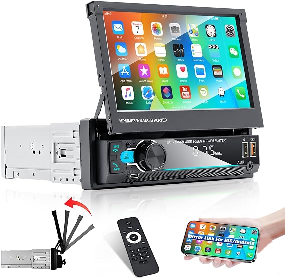 Flip Out Single Din Car Stereo 7 Inch Motorized 1 DIN Radio Illumination