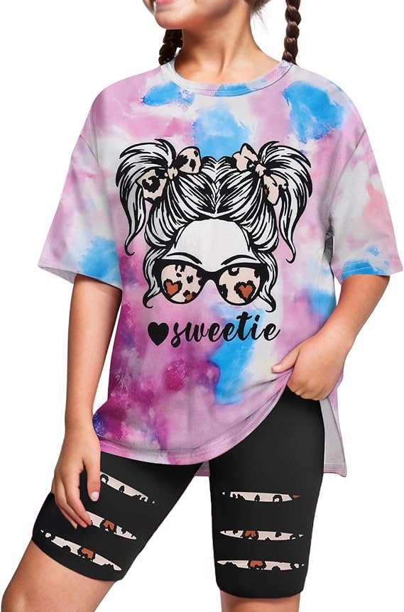Girls Summer Clothes Short Sleeve Tie Dye Short Sleeve T Shirt Tops + Leggings Sweatpants Girls Clothes Outfis Set