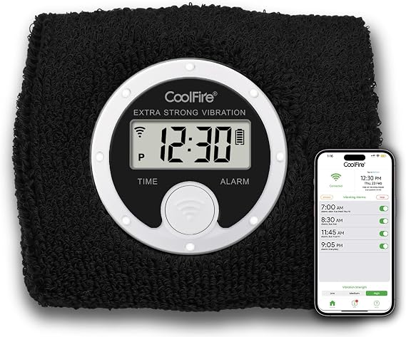 Coolfire Vibrating Alarm Clock Wristband, Silent Wake-Up Watch for Heavy Sleepers, Wont Disturb Partner, Couples/Roommates, Deaf/Hearing Impaired, 4 Alarms, Bluetooth App, Rechargeable BK