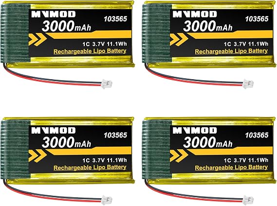 3.7V 3000mAh Lithium Rechargeable Battery 4 Pack, 1S 1C LiPo Battery for Arduino ESP32 Development Board with Micro JST 1.25 Plug and Insulated Rubber Tape