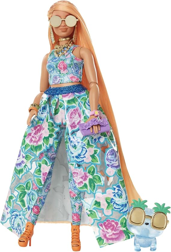 BARBIE BRAND Extra Fancy Doll, Curvy in Floral 2-Piece Gown, with Pet Kitten, Extra-Long Hair & Accessories, Flexible Joints, for 3 Year Olds Up, HHN14, Multicolor
