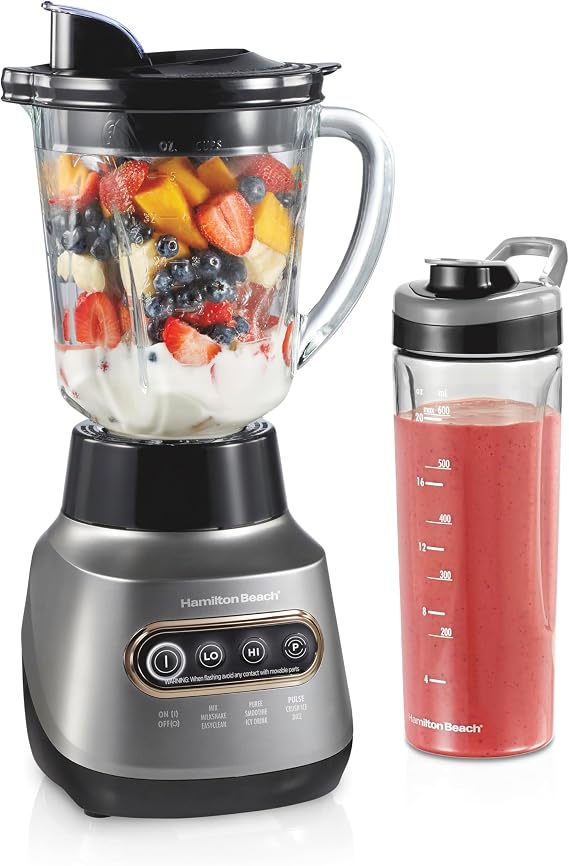 Hamilton Beach Quiet Blender for Smoothies With Wave Action System | 40oz Glass Jar + 20oz Personal Blender Jar | Quiet Design | Stainless Steel Sabre Blades | 800 Watts | Silver | 58181J
