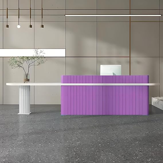 Modern Reception Counter Front Desk, Retail Counter with Lockable Drawer, No Assembly Required, Customizable Logo, Office Desk with Storage, Display Table for Salon and Waiting Areas (Purple 55)