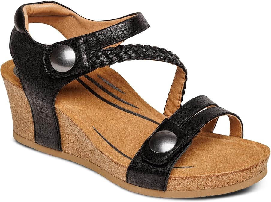 Aetrex Avril Orthopedic Platform Quarter Strap Low Heel Wedge Sandals for Women- Leather Memory Foam Footbed Arch Support Espadrilles Wedges For Women