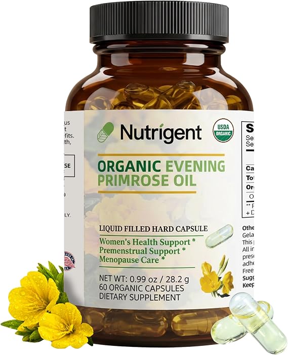 USDA Organic Evening Primrose Oil for Women with 10% GLA Capsules | EPO Supplement for Women's Health & Skin Health, Easy-to-Swallow, 60 Ct, No Unnecessary Ingredients, Made in USA