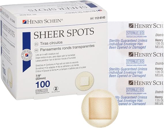 Henry Schein Sheer Spot Adhesive Bandage, 7/8", Sterile, 100 Ct | Latex Free, Sheer, Non-Stick Pad, Small Cuts and Scrapes, 100 Count Box, Perfect for First Aid Kits, Home and Medical Use