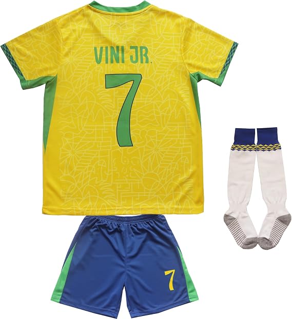 2024 Brazil #7 Copa-American Vini Home Kids Football Soccer Jersey Shorts Socks Set Youth Sizes
