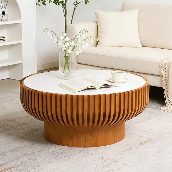 80cm Round Fluted Coffee Table for Living Room, Sintered Stone Top
