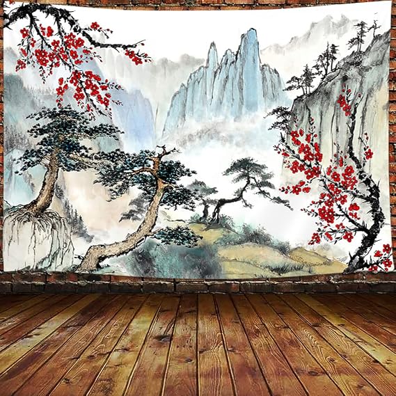 JAWO Japanese Decor Tapestry, Cherry Blossom Wall Tapestry, 40x30 Inch, Blue