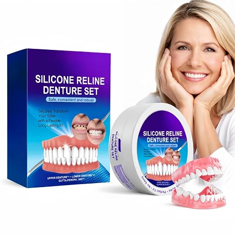 Silicone Dentures Full Mouth,Silicone Denture Reline Kit,Sil/icone Reline Denture Set,Comfortable False Teeth Set Top and Bottom for Men & Women,False Teeth Set,Dentures Fal/se Teeth,Comfortable,Safe
