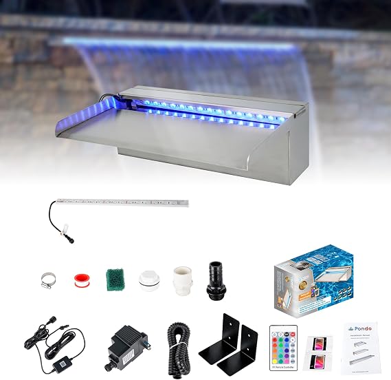 12'' APP 316 Stainless Steel Spillway with 16-Color LED Light Bar, Salt Water Corrosion Resistant Lighted Waterfall Pool Fountain Designed for Seawater Use, Waterfall Spillway for Garden Outdoor