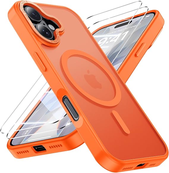 iPhone 17用ケース 2Xスクリーンプロテクター付き MagSafe対応 ミリタリーグレード 落下保護 肌感 カバー 耐衝撃 スリムフィット iPhone17 スマホケース 6.3インチ、オレンジ