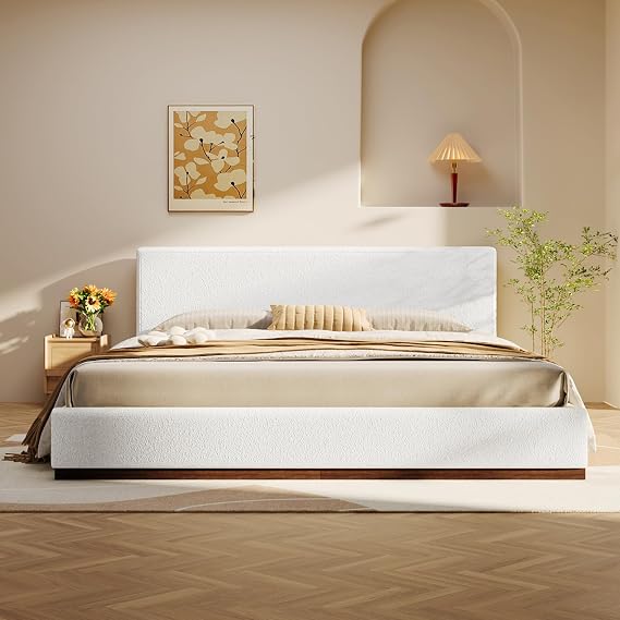 extrasleep King Size Cloud Bed, Upholstered King Bed Frame with Boucle Fabric, Soft Frame Cloud Bed with Solid Wood Base, Comfy Platform Bed Frame, 800LB Capacity, No Box Spring Needed, White