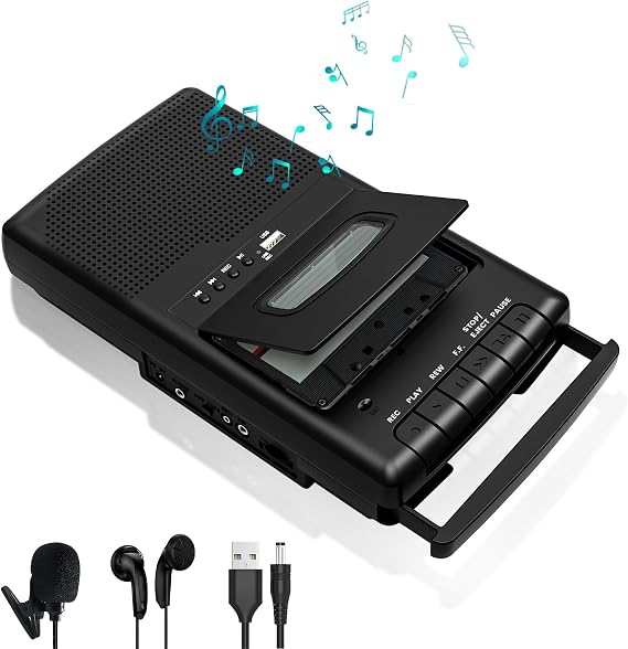 Portable Cassette Player Tape Recorder with Standalone Mircophone, Retro Tape to USB Digital Converter with 3.5MM Earphone Jack, Play/Record/Digitize Cassettes, Carrying Handle