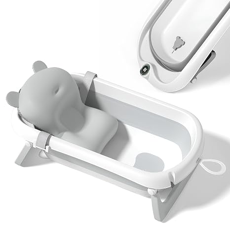 Foldable Baby Bath with Non-Slip Bath Pillow XXL Baby Bath Seat and Bath Thermometer From Birth to 3 Years Baby Bathtub Birth Gifts for Girls and Boys