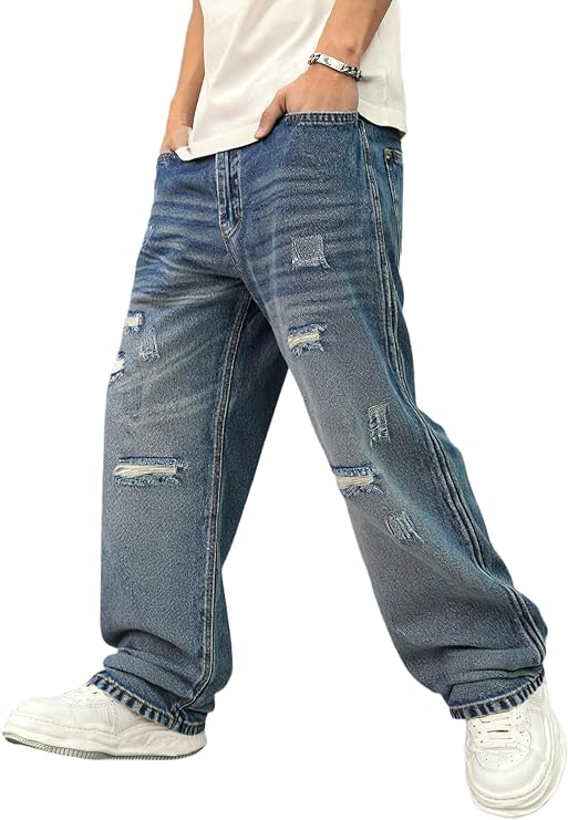 Mens Ripped Jeans Straight Leg Y2K Denim Pants
