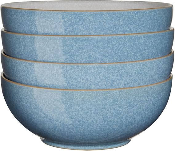 Denby - Elements Blue Cereal Bowls Set of 4 - Dishwasher Microwave Safe Crockery 820ml 17cm - Blue, White Ceramic Stoneware Tableware - Chip & Crack Resistant Soup Bowls
