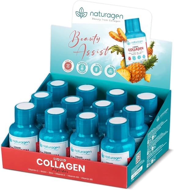 Naturagen Liquid collagen peptide shots – 12 x 60 ml – 2500 mg hydrolyzed collagen – 12 days of use – Types 1 and 3 – B3, B5, C, E vitamins, biotin and zinc – sugar-free and gluten-free