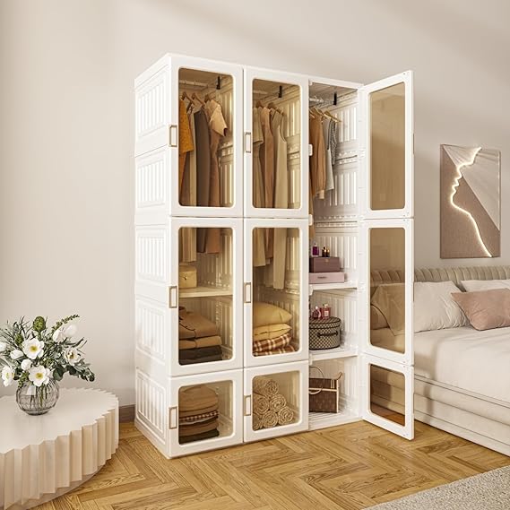 ANTBOX Portable Wardrobe Closet Storage Organizer for Clothes,Transparent Door Panels,Suitable for Living Room, Bedroom,Plastic Wardrobe with Magnetic Door and Easy Assembly (3 Hanging Rod)
