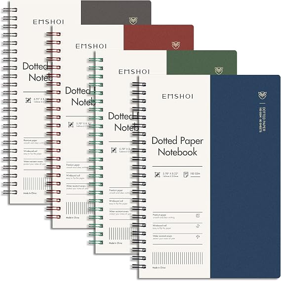 EMSHOI Dotted Spiral Journal Notebook, 4 Pack, 640 Pages, A5 (5.7" x 8.2") | 100 GSM Thick Paper, Flexible Plastic Cover, for Journaling, Planning, Tracking & Sketching (Brown & Red & Green & Blue)