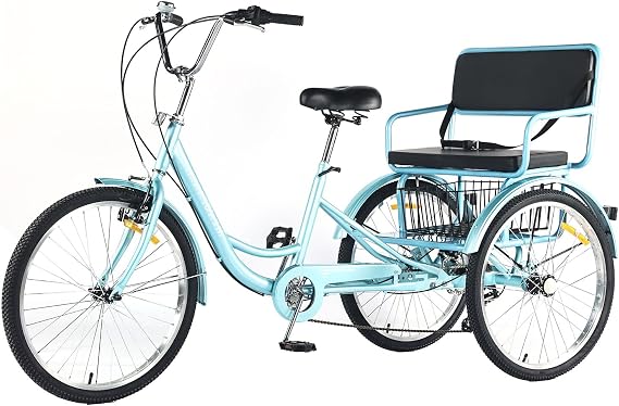 Adult Tricycle 7 Speed, 24 Inch 3 Wheel Bikes Extended Rear wheelbase Tricycle Suitable for Modification Wheel Bike Free large-capacity basket included for Women/Seniors Picnic Exercise Shopping
