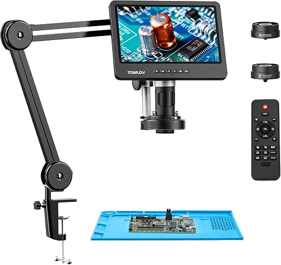 TOMLOV DM602 Flex Digital Soldering Microscope 2000x, Flexible Arm, 10.1" HDMI Microscope with 3 Lenses, Coin Magnifier with Ring Light, Adult LCD Video Magnifier, Electronic Repair Mat