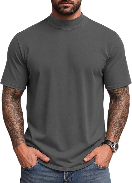 Vssjavun Men's Mock Turtleneck T Shirt Short Sleeve Solid Casual Basic Tee