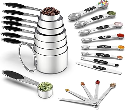 Measuring Cups and Magnetic Measuring Spoons Set, Wildone Stainless Steel 8 Measuring Cups, 7 Double Sided Stackable Magnetic Measuring Spoons, 1 Leveler & 5 Mini Spoons - 21 Piece Black