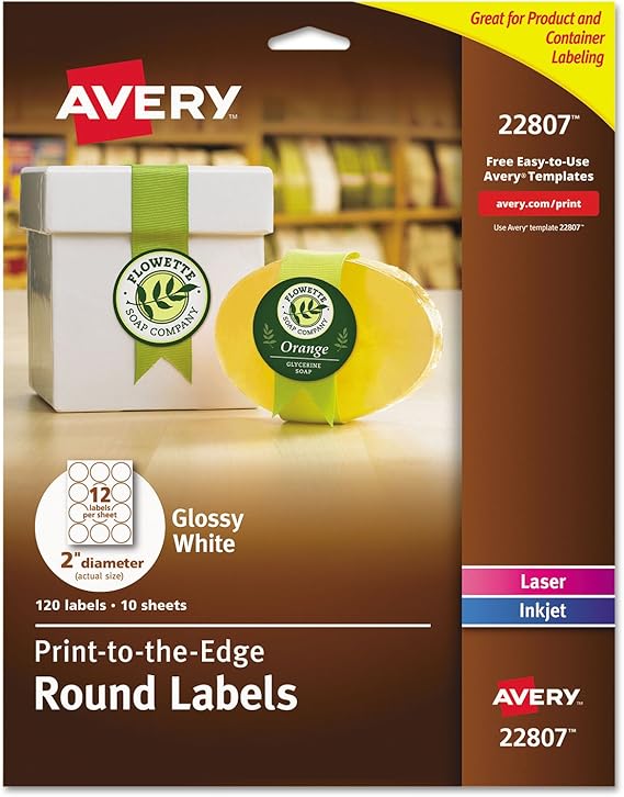 Avery Printable Round Labels, Sure Feed Technology, Glossy White Labels, 2" Diameter, Permanent Adhesive, Laser/Inkjet, 120 Total (22807)