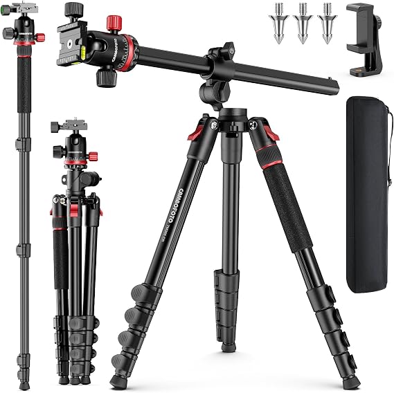 68" Horizontal Overhead Tripod for Camera, Aluminum Camera Tripod with Ball Head for Macro & Overhead Shooting, Detachable Monopod, 1/4" Arca QR Plate, 33lb Load Capacity